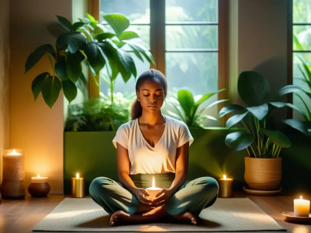 Imagen de meditación en un ambiente tranquilo con plantas y velas, para rituales de bienestar y equilibrar chakras