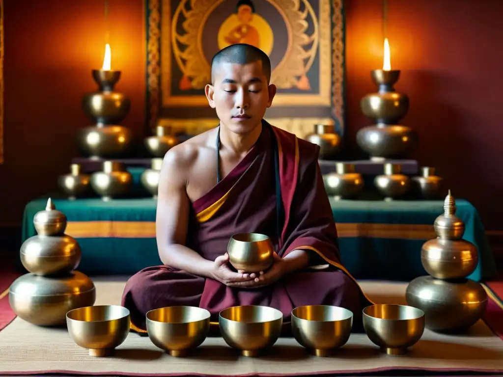 Imagen de un antiguo monje tibetano meditando entre cuencos tibetanos, evocando paz y beneficios de la meditación con cuencos tibetanos