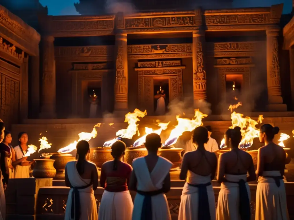 Imagen de un antiguo templo iluminado con antorchas, donde personas realizan un ritual sagrado, transmitiendo misticismo y devoción