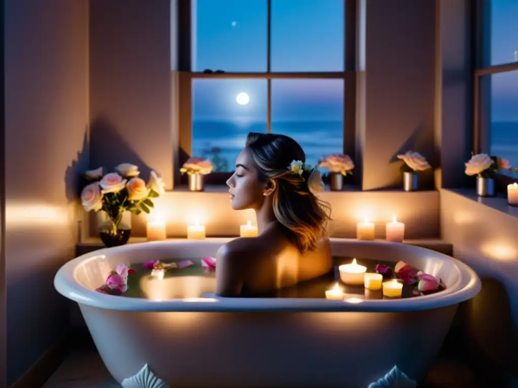 Imagen de un baño tranquilo iluminado por la luna, con velas y flores, evocando rituales femeninos de conexión y sanación emocional