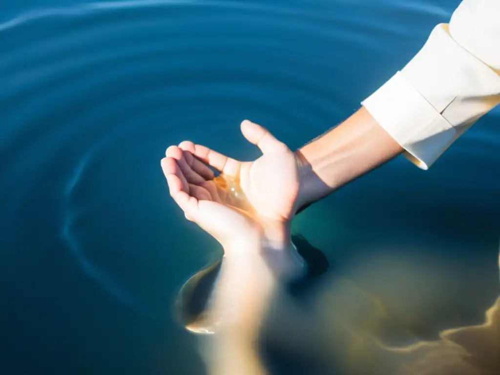 Imagen de un bautismo cristiano, con una persona inmersa en agua, reflejando luz en una atmósfera serena y espiritual de devoción y fe