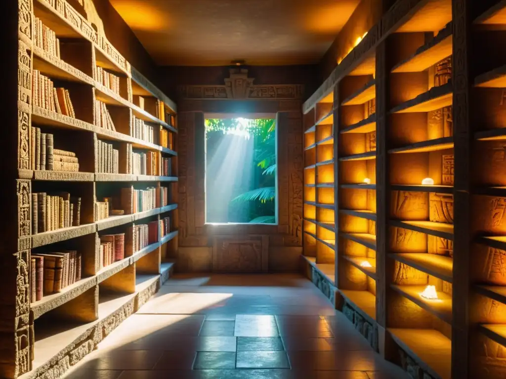 Imagen de una biblioteca maya antigua con significado rituales antiguas bibliotecas, iluminada por la luz del sol, llena de conocimiento y misterio