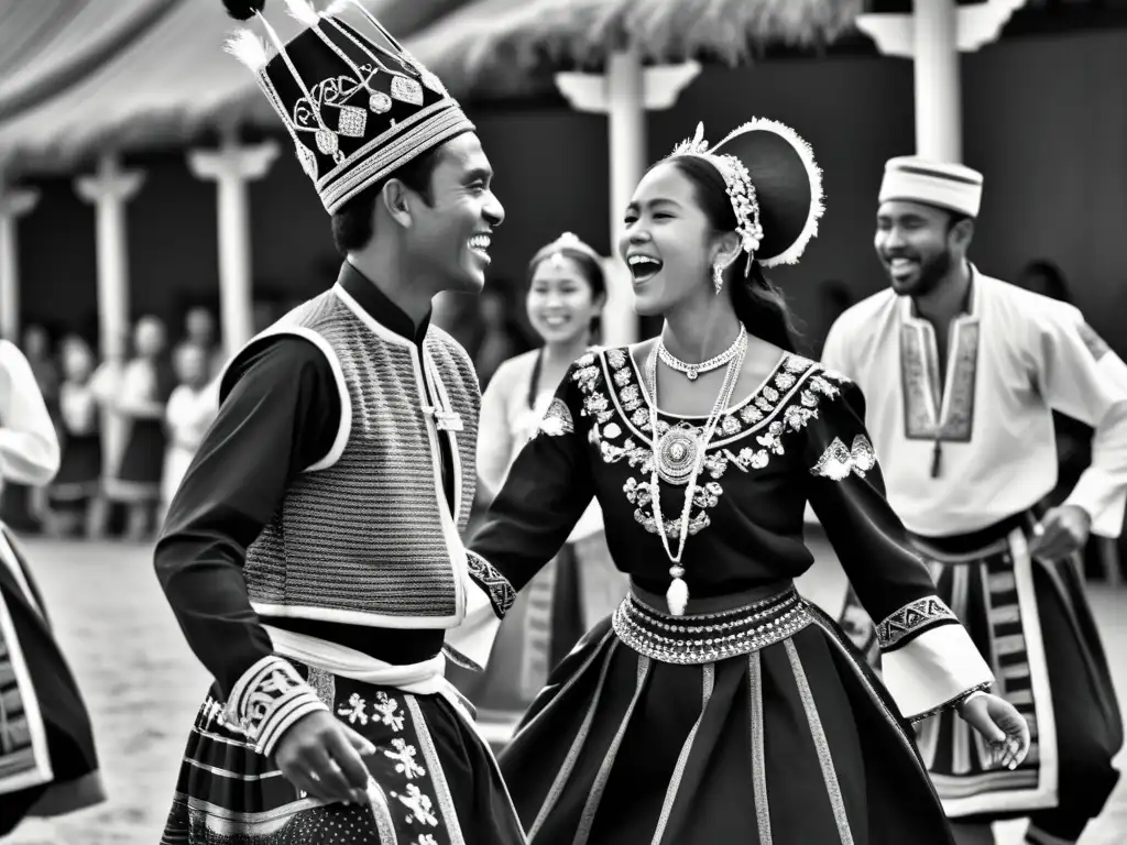 Imagen en blanco y negro de un ritual de cortejo tradicional, con movimientos de danza y trajes elaborados