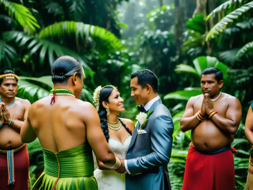 Imagen de boda amazónica en la selva, con rituales de matrimonio amazónico, atuendos tribales y objetos ceremoniales