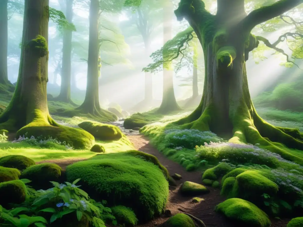 Encanto celta: bosque místico y mágico Imagen de un bosque celta místico con árboles centenarios, río sereno y naturaleza mágica en la atmósfera