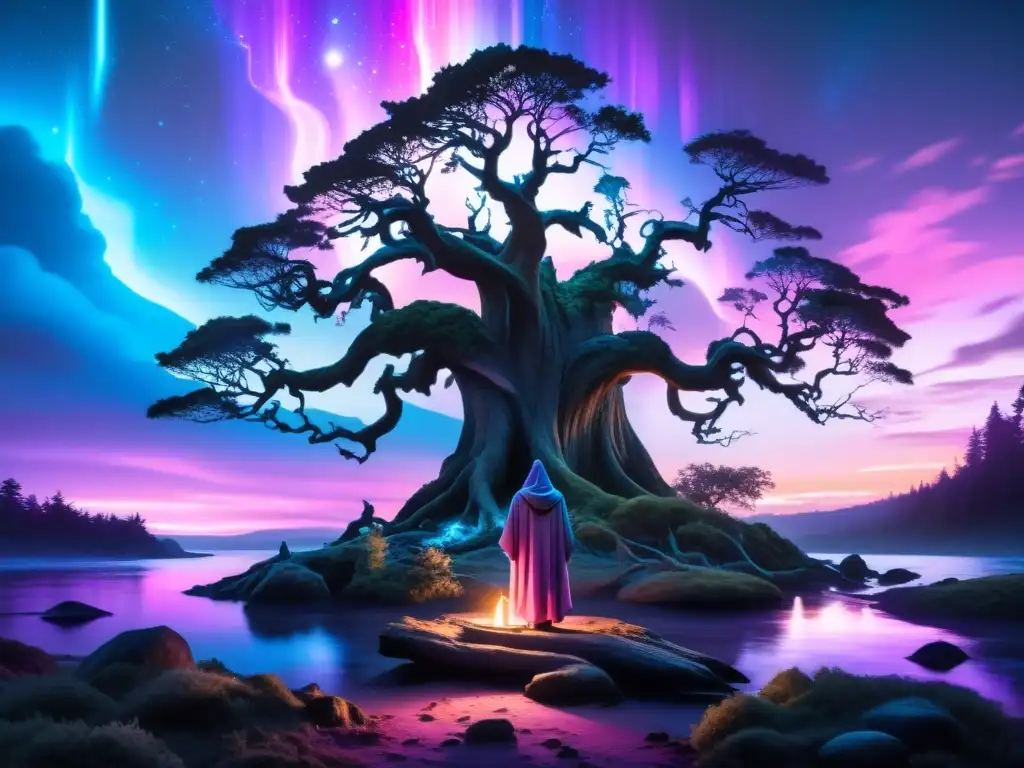 Imagen de bosque místico al anochecer, con hechicería en juegos de fantasía, árboles antiguos y energía mágica