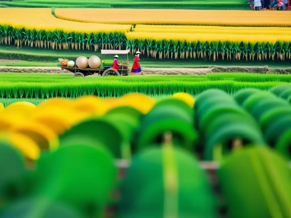 Imagen del bullicioso Festival de la Cosecha del Arroz en Asia, con campos verdes y celebración cultural