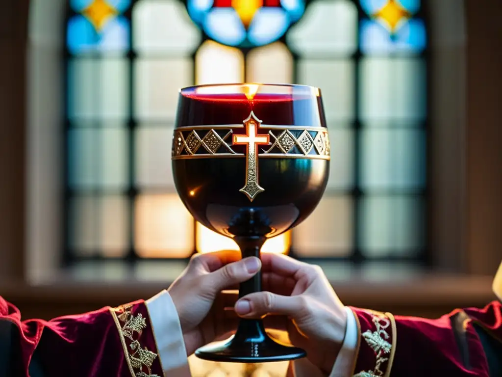 Imagen de un cáliz con vino rojo sostenido por las manos de un sacerdote, evocando la importancia del vino en rituales religiosos