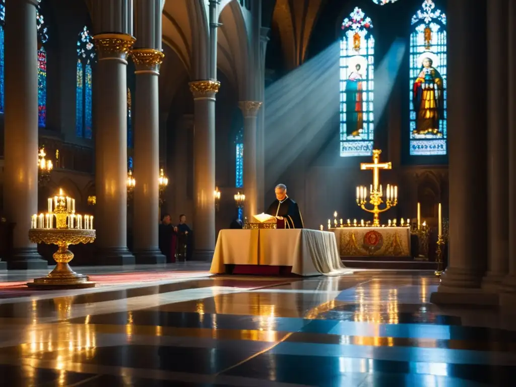 Imagen de una catedral iluminada con luz de vitrales, el sacerdote sostiene un incensario