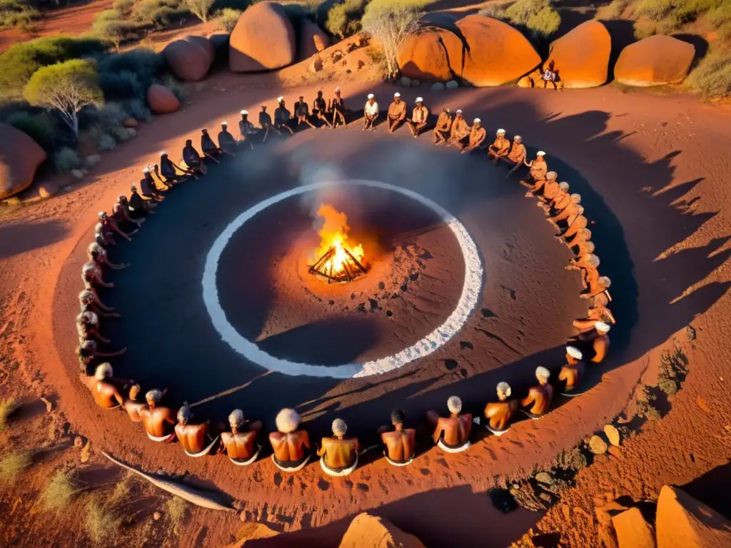 Imagen de ceremonia aborigen para supervivencia en el outback australiano: ancianos realizan ritual de caza, rodeados de comunidad y luz de hoguera