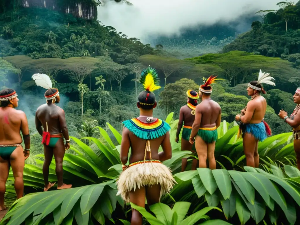 Imagen de la Ceremonia del Tabú en la cultura amazónica: danza tradicional y energía espiritual en la selva