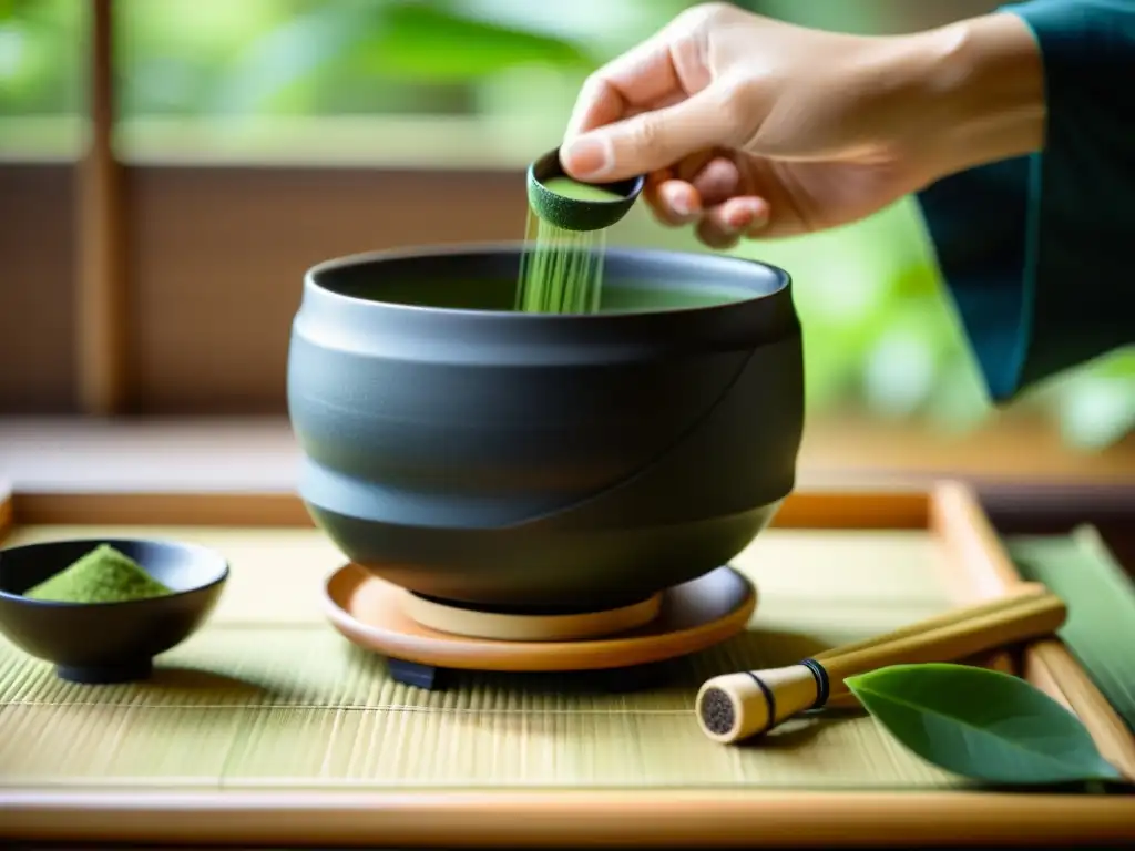 Imagen de ceremonia del té japonés con movimientos meticulosos y espirituales