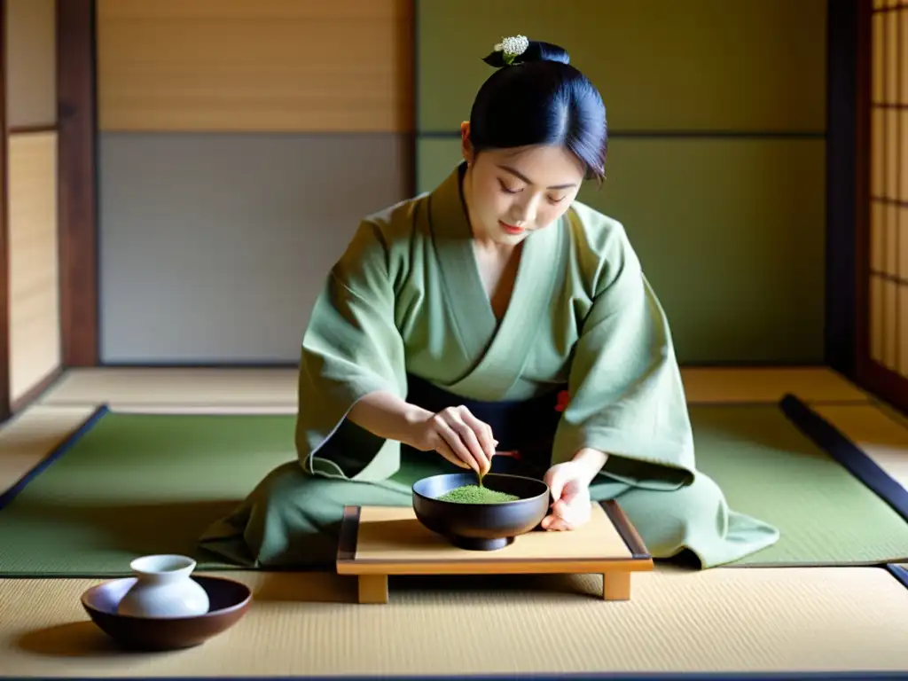 Imagen de ceremonia del té japonés en una sala de tatami, con un maestro del té vistiendo kimono