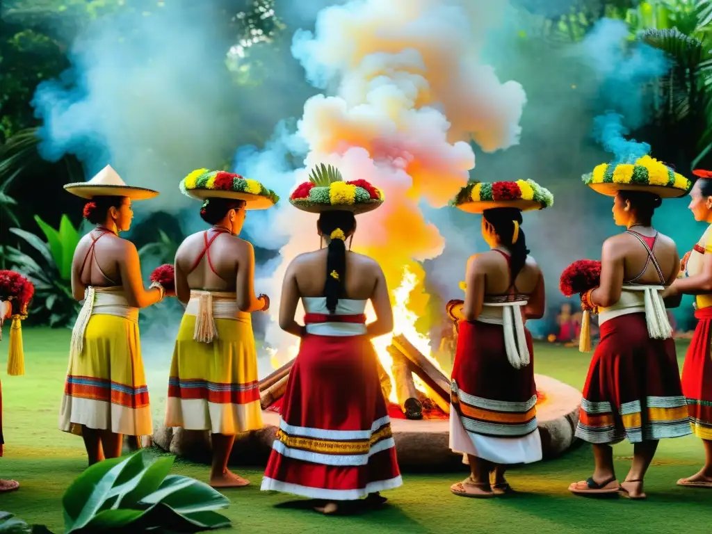 Imagen de una ceremonia maya con colores vibrantes y danza ritual en la selva