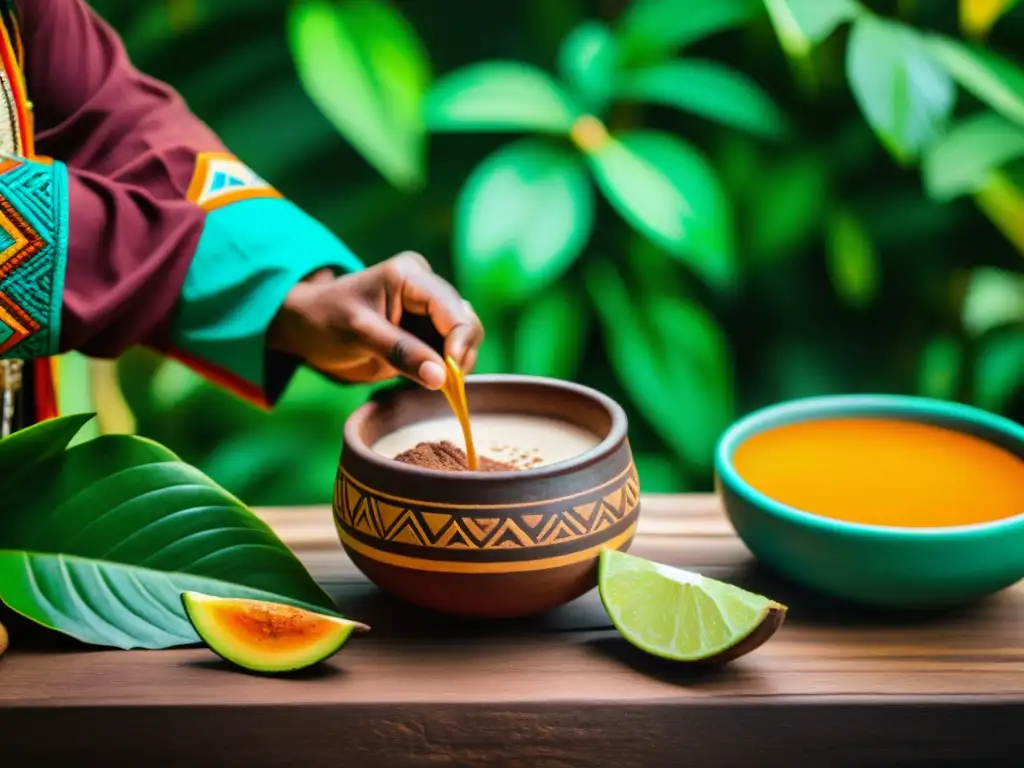 Ceremonia ancestral del cacao: conexión espiritual en Mesoamérica Imagen de una ceremonia mesoamericana del cacao con conexión espiritual y tradición ancestral