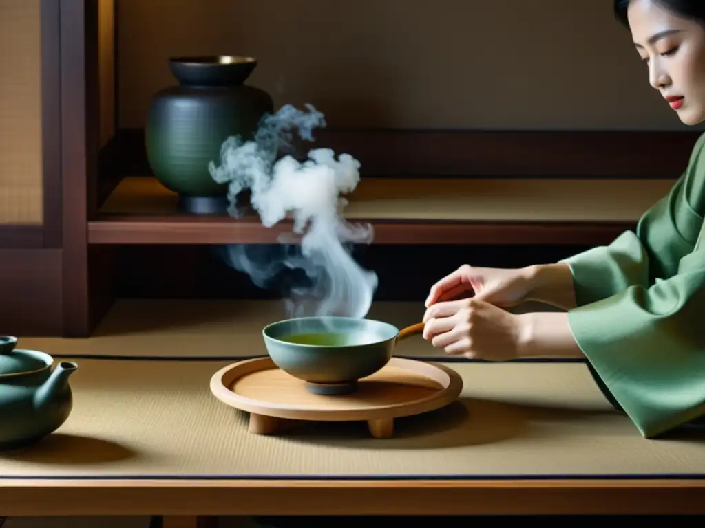 Imagen 8k de una ceremonia del té en Japón, capturando movimientos precisos y simbolismo de pureza