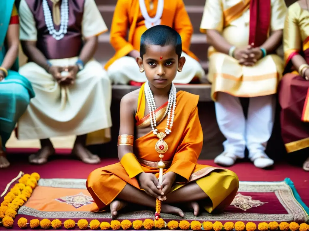 Imagen de iniciación espiritualidad hindú Upanayana: niño en ceremonia rodeado de familiares y sacerdotes, atuendo colorido y solemnidad