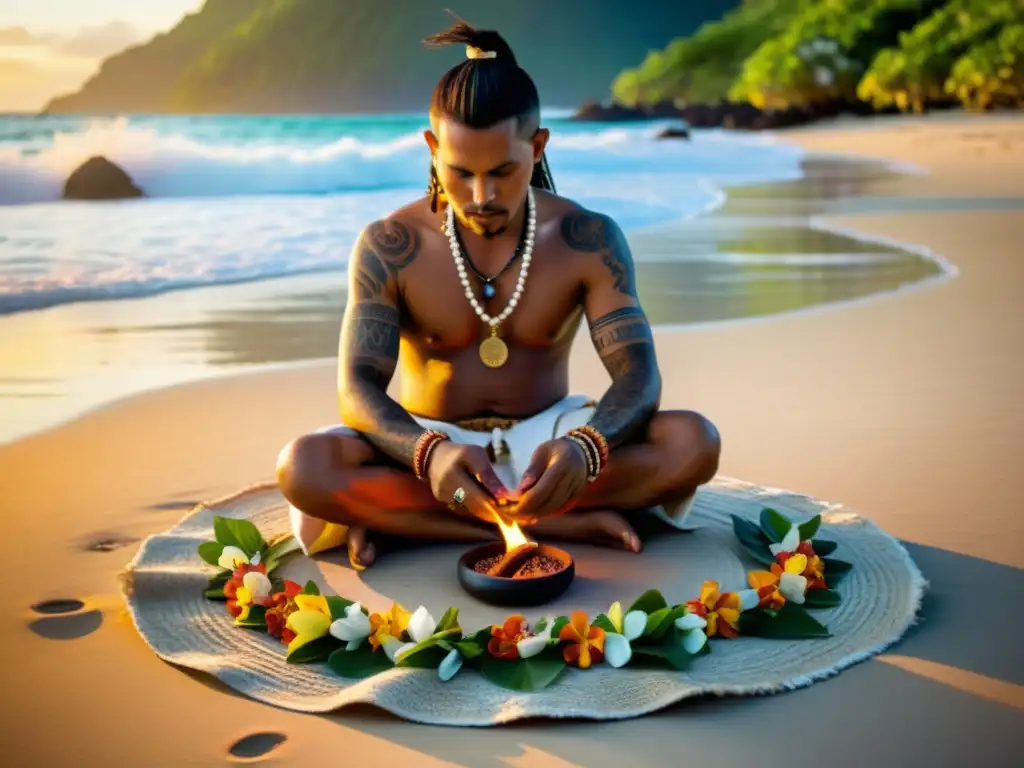 Imagen de un chamán polinesio realizando rituales de adivinación en una playa remota al amanecer, rodeado de flores tropicales