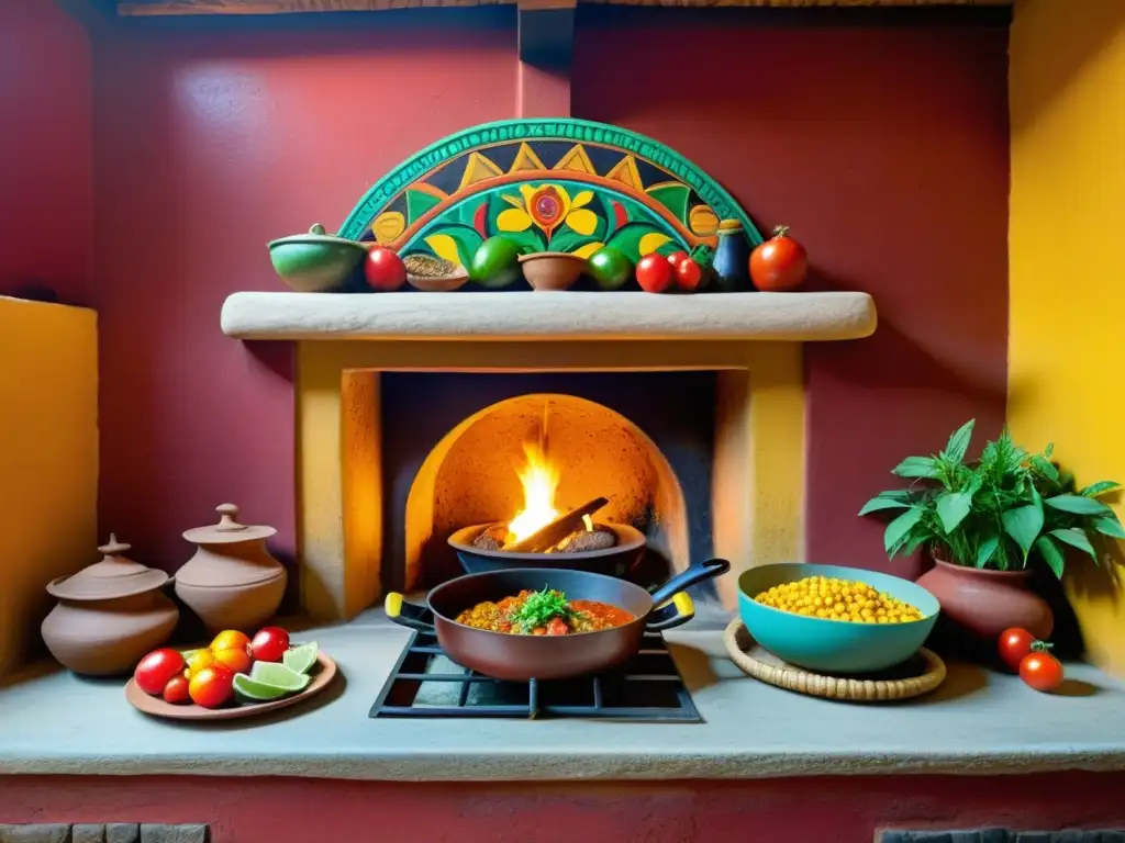 Imagen de una cocina sagrada con mujeres mayas preparando un ritual ancestral