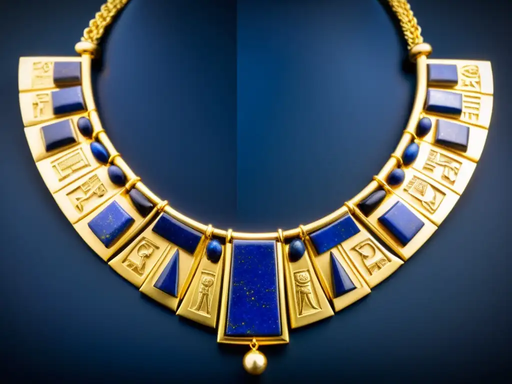 Una imagen de un collar de oro y lapislázuli de la antigua Egipto, con jeroglíficos detallados y amuletos simbólicos