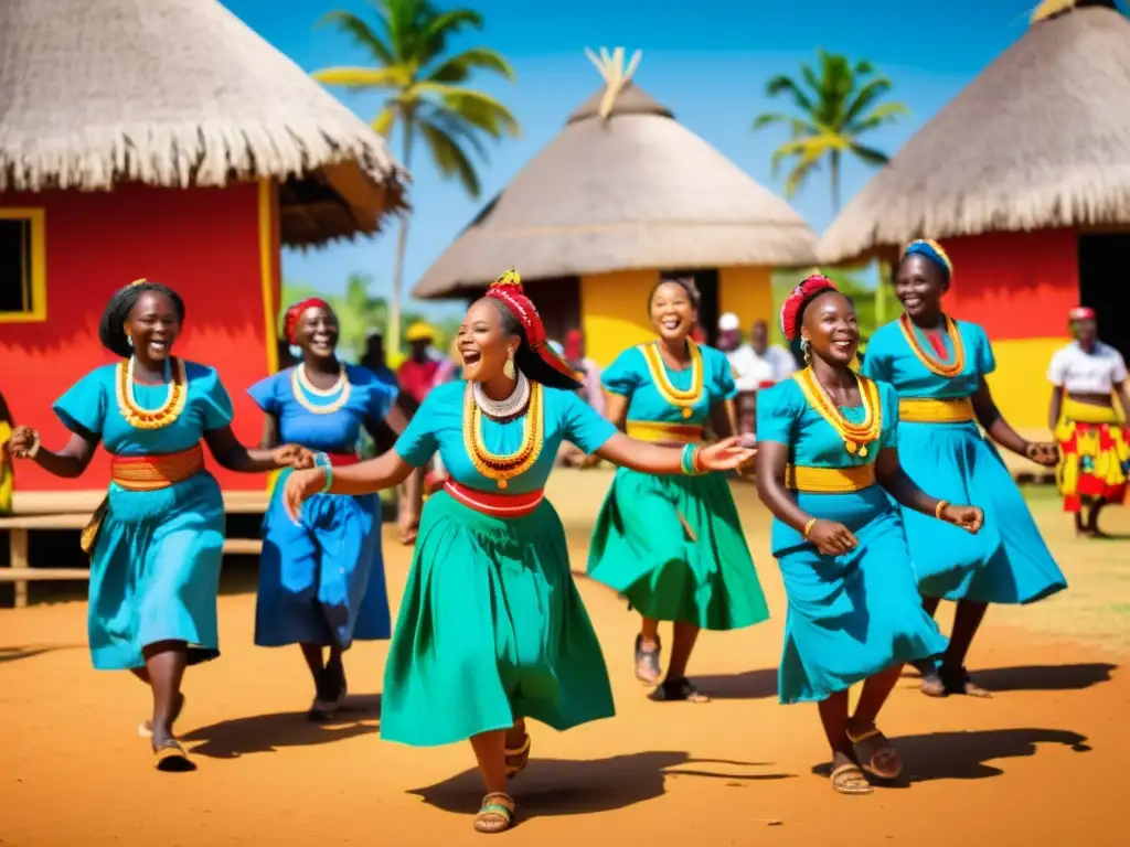 La imagen muestra a la comunidad Ga celebrando el festival de Homowo con coloridos trajes tradicionales y bailes alegres