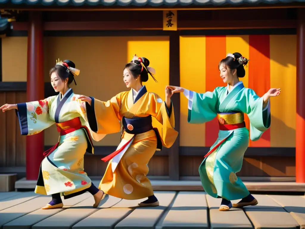 Imagen de danza Kagura: coloridos trajes, movimientos dinámicos y arquitectura del santuario Shinto