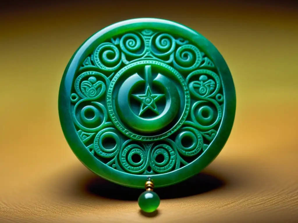 Una imagen detallada de un amuleto maya de jade, con intrincados grabados y simbología tradicional, capturando la esencia de la joyería ritual en la historia de los amuletos modernos