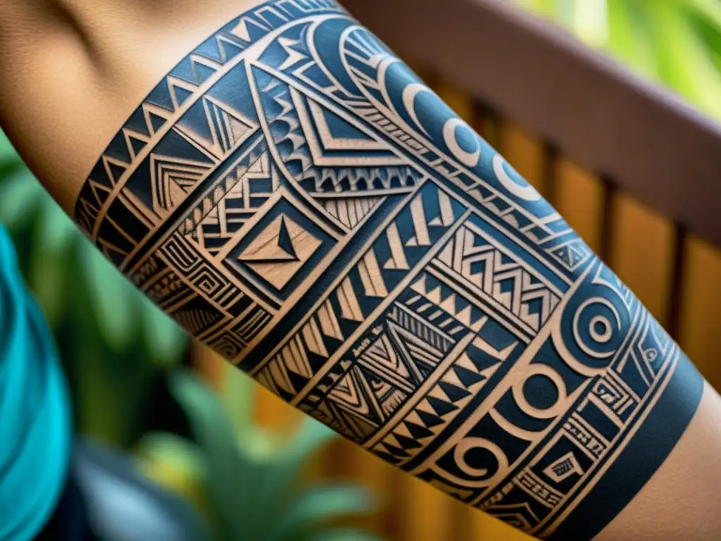 Una imagen detallada de un antebrazo con un tatuaje polinesio, mostrando patrones geométricos y motivos simbólicos en tinta negra