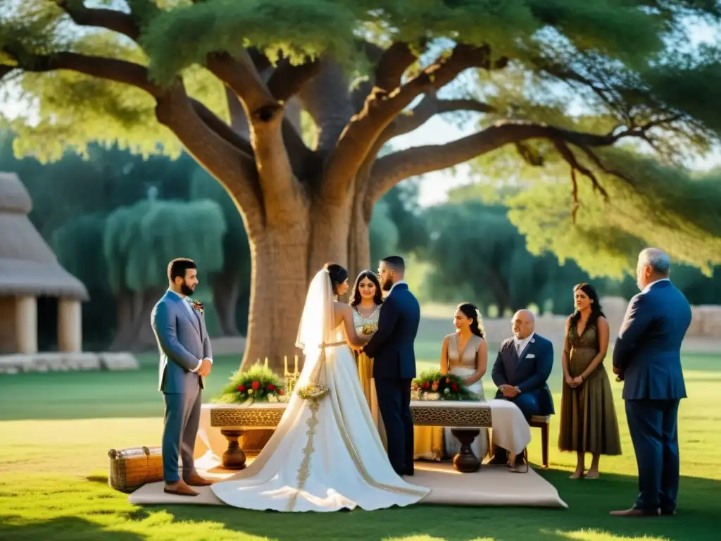 Imagen detallada de una antigua ceremonia de matrimonio asirio bajo un cedro majestuoso, evocando los rituales de matrimonio en Babilonia