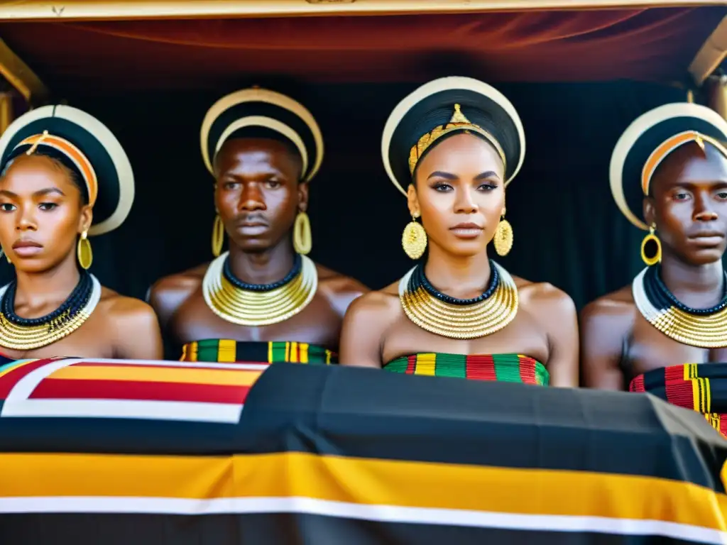 Una imagen detallada de la ceremonia funeraria de la tribu Ashanti, con miembros ataviados con joyas de oro y kente, rodeando un casket ornamentado