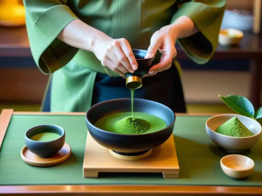 Imagen detallada de una ceremonia del té japonés, donde un maestro prepara matcha con precisión