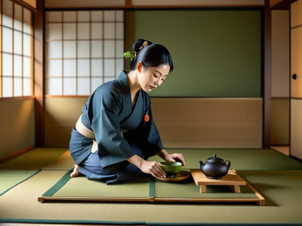 Imagen detallada de una ceremonia del té japonesa en una sala serena con luz natural, destacando rituales gastronómicos sagrados mundo