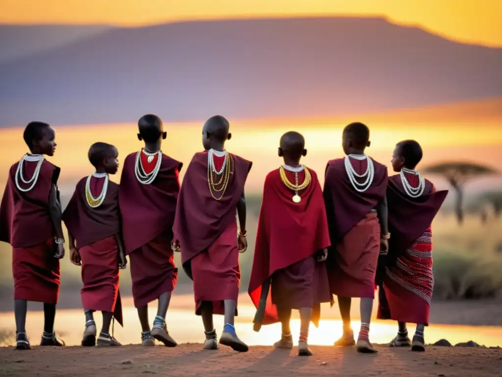 Imagen detallada de la ceremonia 'Eunoto' Maasai, con jóvenes en transición a guerreros, celebrando con joyas tradicionales y shukas rojas