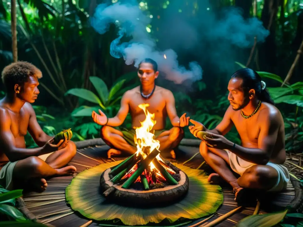 Una imagen detallada de un chamán liderando una ceremonia de Ayahuasca en la selva amazónica