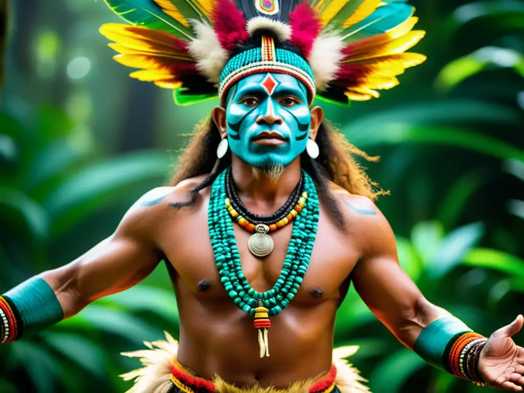 Imagen detallada de un chamán realizando la Danza de los Espíritus en la exuberante selva amazónica, con colores vibrantes y patrones intrincados en su atuendo ceremonial