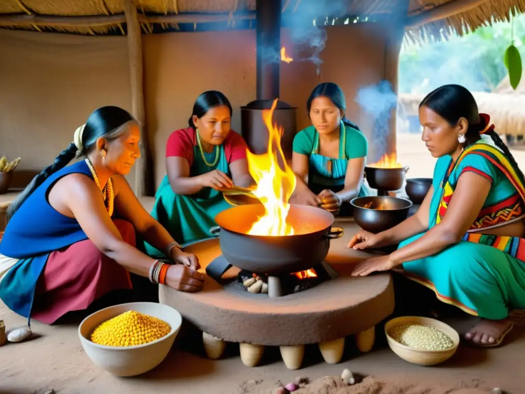 Imagen detallada de cocina indígena con mujeres preparando recetas rituales y ingredientes nativos, reflejando orgullo y tradición