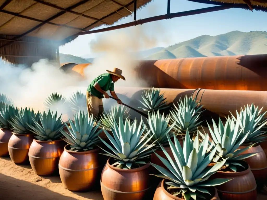 Imagen detallada de una destilería tradicional de mezcal en Oaxaca, con artesanos cuidando los rituales oaxaqueños del sagrado mezcal