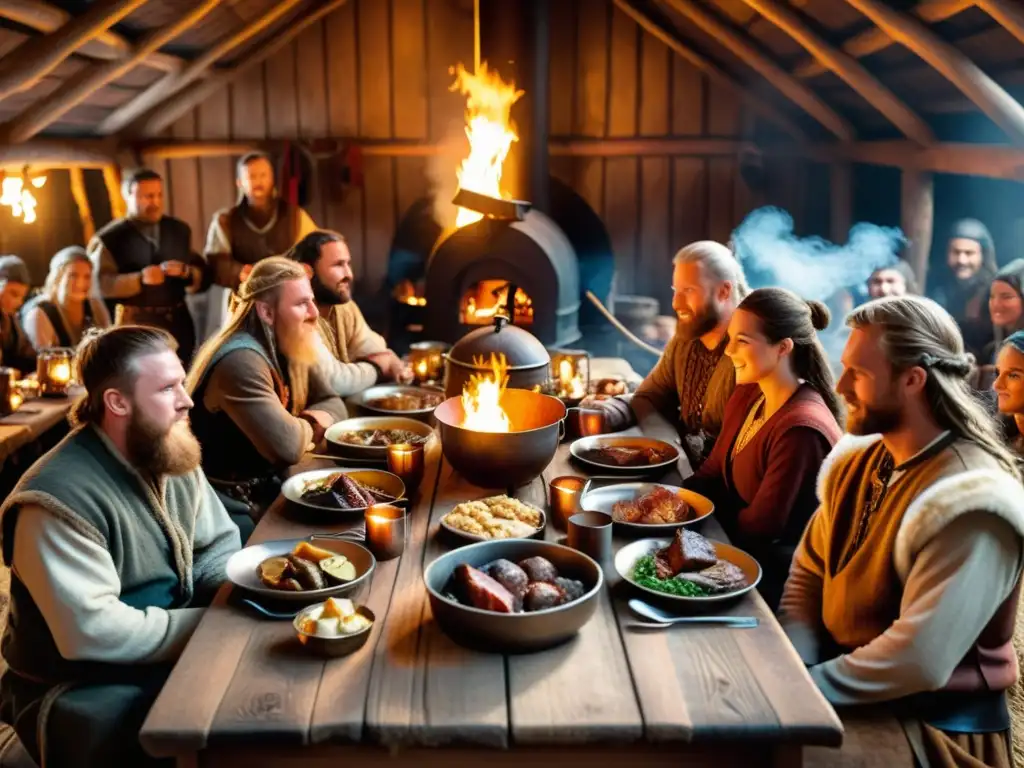 Imagen detallada de un festín en el interior de una casa vikinga, con guerreros y sus familias vestidos tradicionalmente