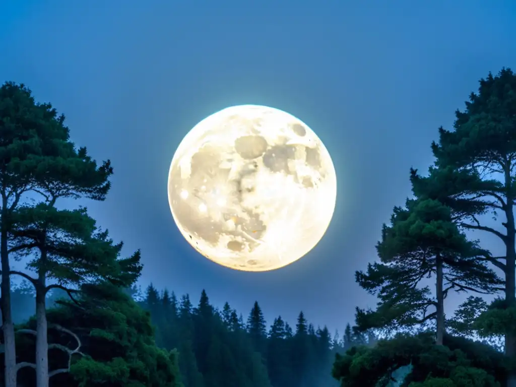 Imagen detallada de la luna llena sobre un bosque neblinoso, creando una atmósfera mística y serena