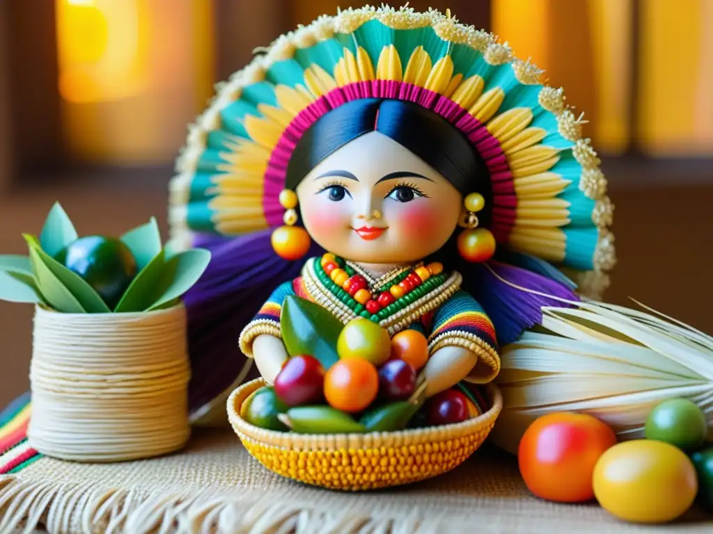 Imagen detallada de una muñeca de hojas de maíz rodeada de alimentos rituales en celebraciones de la vida y artesanías tradicionales