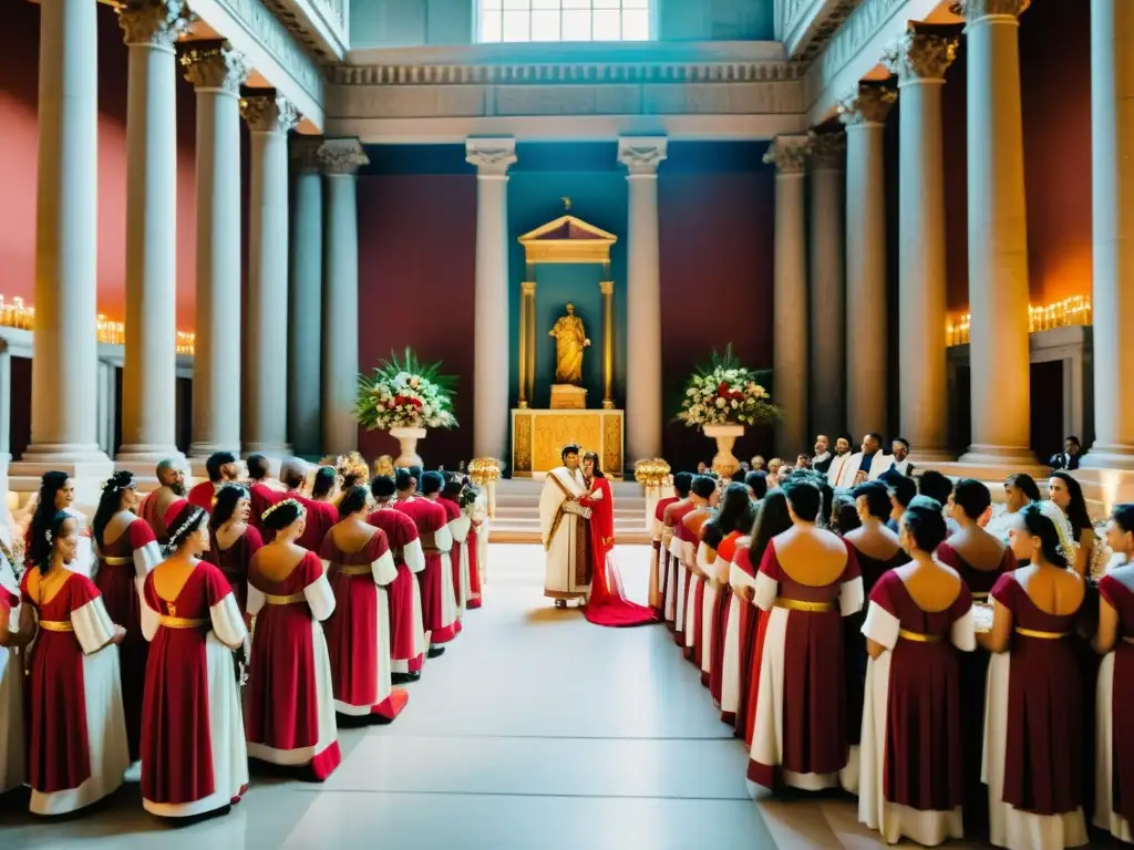 Imagen detallada de un ritual de bodas en Roma en un templo grandioso, con novios y asistentes vestidos a la moda romana