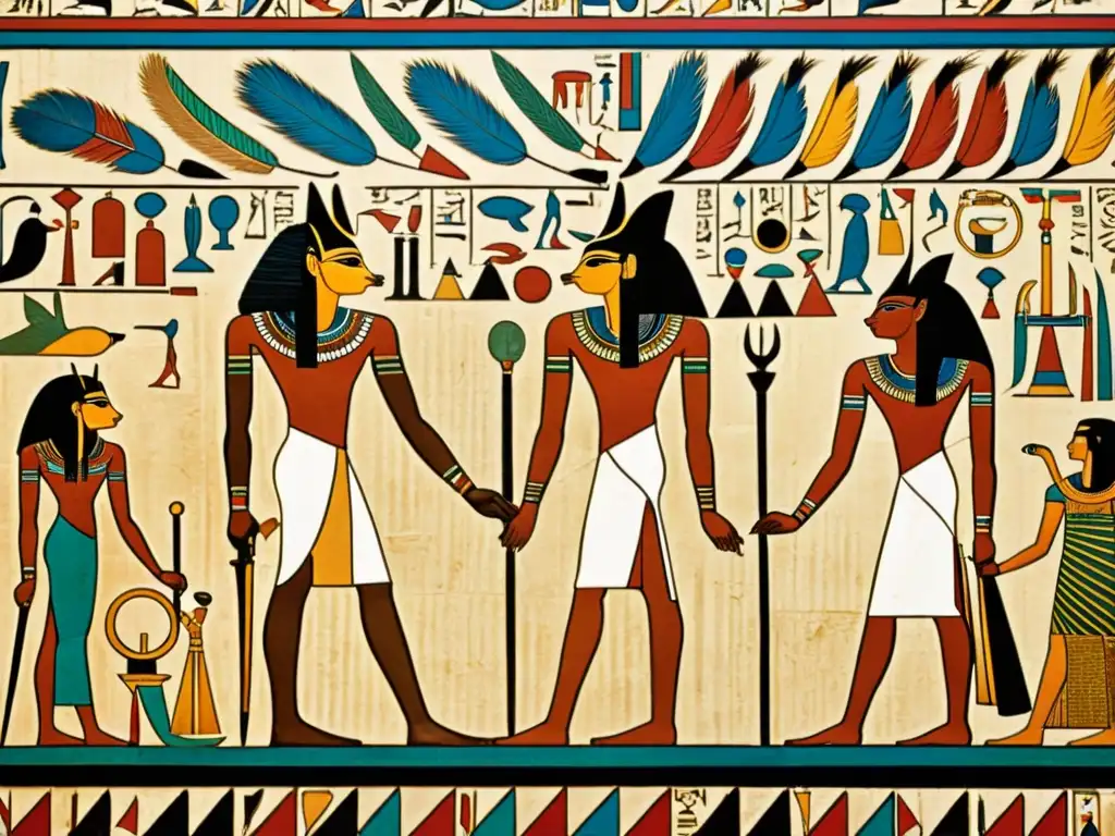 Imagen detallada de un ritual egipcio de juicio del corazón con Anubis, Thoth y el difunto, transmitiendo misticismo y solemnidad