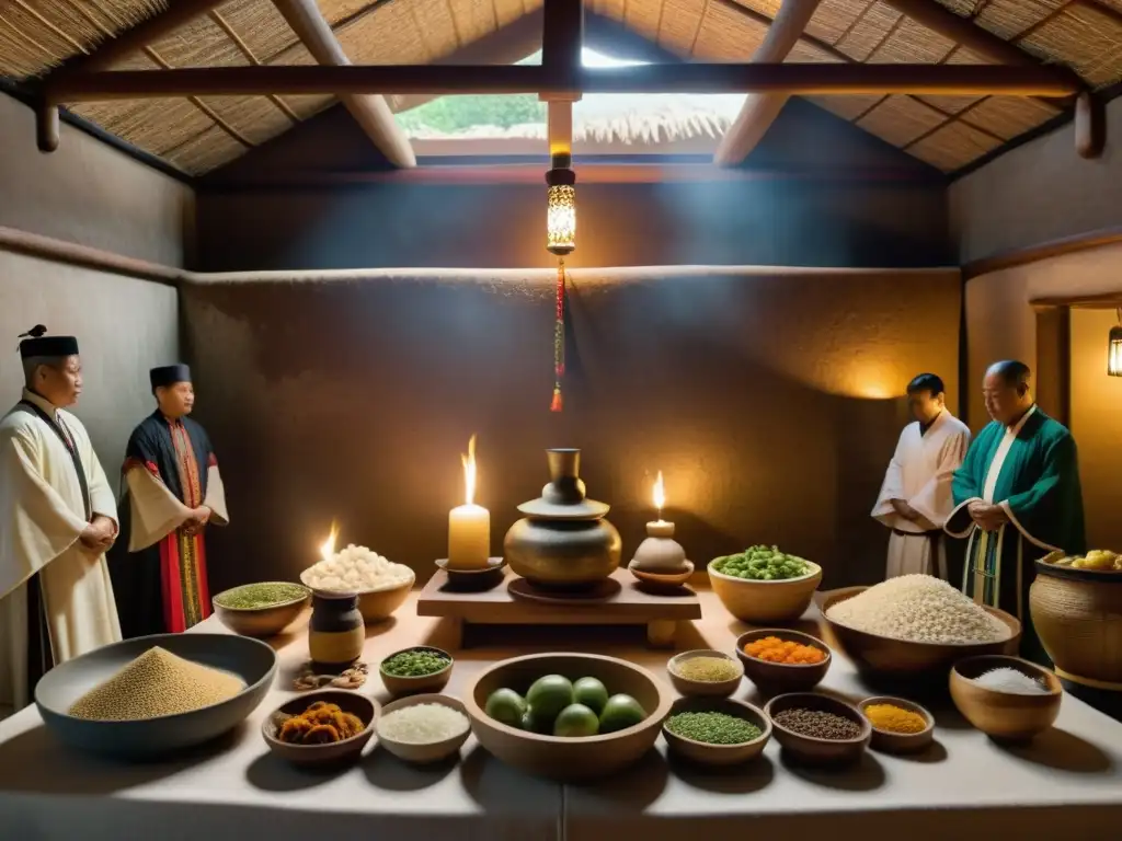 Imagen detallada de un ritual de fermentación con alimentos en rituales culturales, mostrando la conexión espiritual y la atmósfera reverente