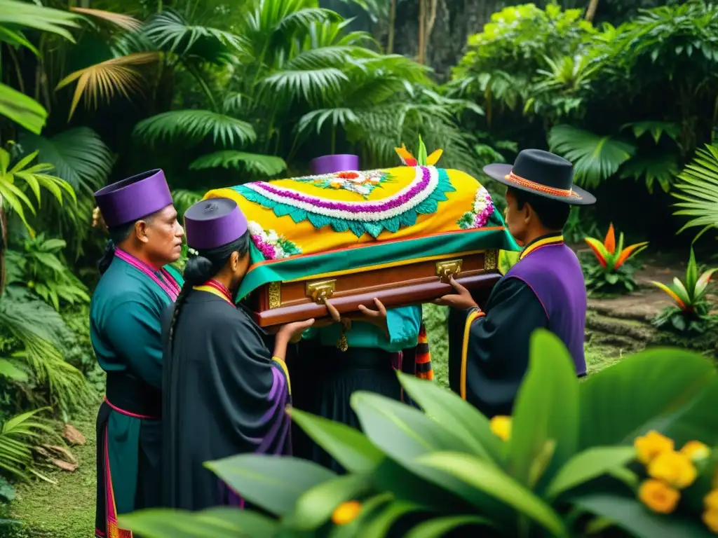 Una imagen detallada de un ritual funerario maya en Guatemala, con participantes adornados llevando un colorido ataúd a través de la exuberante selva