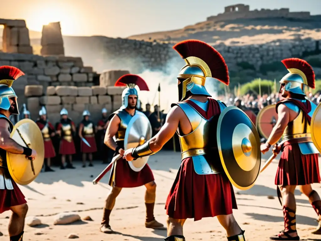 Imagen detallada de un ritual de guerra en la Antigua Grecia, con soldados ataviados y espectadores en ruinas antiguas