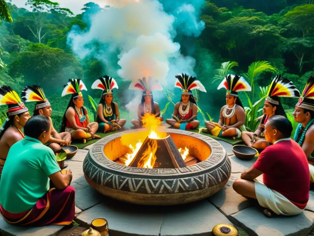 Imagen detallada de un ritual maya con rituales gastronómicos sagrados mundo en la selva, con chamanes, aldeanos y un altar de piedra