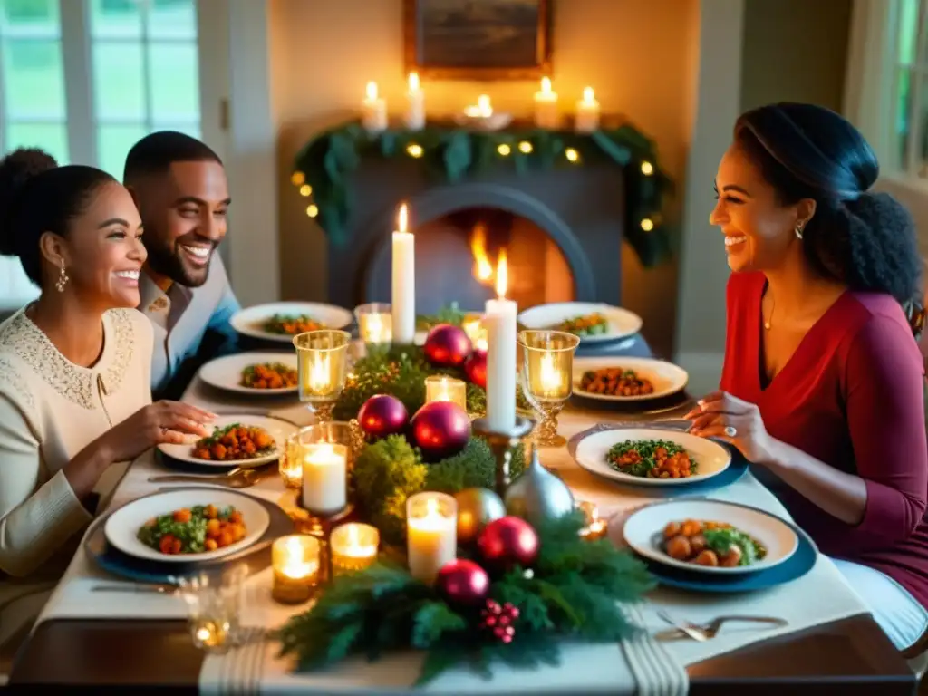 Imagen detallada de rituales y tradiciones familiares en casa: celebración festiva alrededor de una mesa bellamente decorada, iluminada por velas