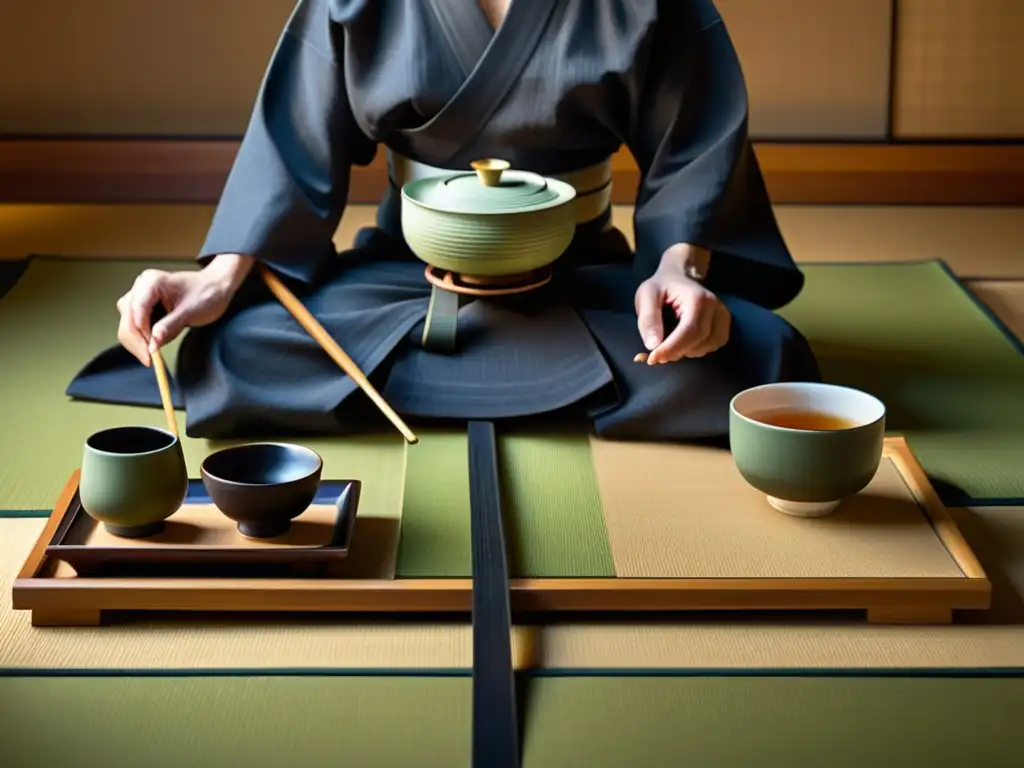 Una imagen detallada de una serena Ceremonia del Té, con un maestro del té vistiendo un kimono, transmitiendo paz y armonía