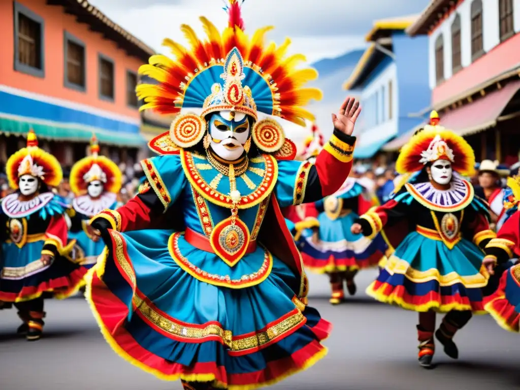 Imagen detallada del Sincretismo en el Carnaval de Oruro, con la colorida y elaborada Diablada, fusionando influencias andinas y coloniales