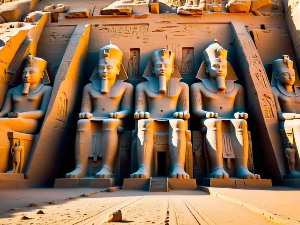 Esplendor matinal en el templo de Abu Simbel: rituales solares en Egipto Imagen detallada del templo egipcio de Abu Simbel al amanecer, destacando el sol iluminando las estatuas de Ramsés II y los intrincados grabados